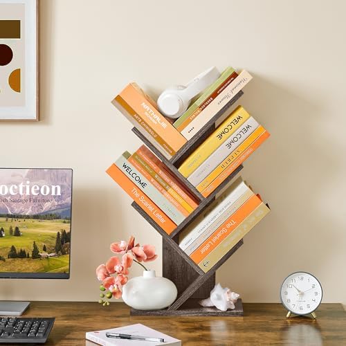 Hoctieon 4 Tier Tree Bookshelf, 4 Shelf Bookcase, Free Standing Tree Bookcase, Display Floor Standing Shelf for Books, B