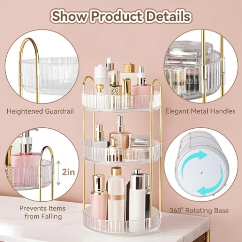 360° Rotating Makeup Organizer for Vanity, 3 Tier Perfume Organizers, Clear