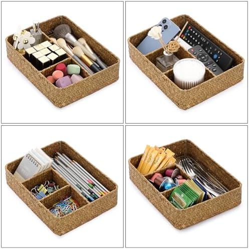 BTSKY Desk Drawer Organizer Tray, Coffee Station Organizer Tea Bag Organizer, Woven Seagrass Storage Basket with 4 Divided Sections Handwoven Wicker Storage Basket for Shelves, Pantry, Coffee Bar