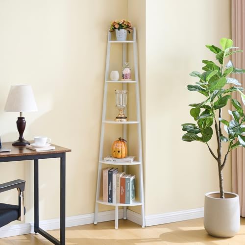 Hoctieon Corner Shelf, 5-Tier Corner Bookshelf, Rustic Ladder Shelf, Industrial Display Stand for Living Room, Kitchen,