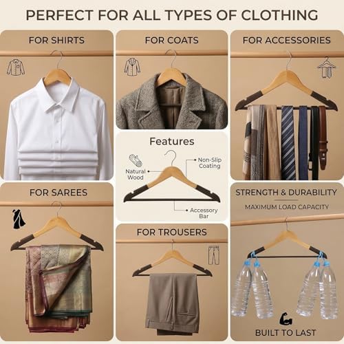 Wooden Hanger for Clothes Hanging | Hangers for Wardrobe and Cupboard | Non-Slip Bar | Precisely Cut Notches | 360 Degre