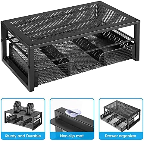 Simple Trending Metal Monitor Stand Riser and Computer Desk Organizer with Drawer for Laptop, Computer, iMac, Black (Pac