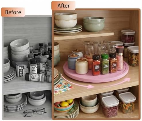Lazy Susan Turntable Organizer, 12" Acacia Wood Decorative Tray, Pink