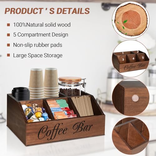 ugiftt Coffee Station Organizer for Counter, Wood Coffee Pods Holder Storage Basket, Tea Condiment Storage Organizer, Ru