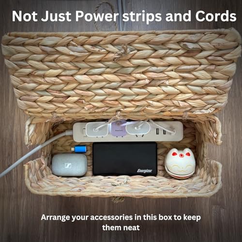 Wicker Cable Management Box with Lid, A Handwoven Water Hyacinth Cords Hider Box for TV, Computer, Router, USB Hub to Hi