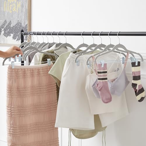 VECELO 20 Pack Velvet Clothes Hangers with Adjustable Clips,Heavy-Duty Non Slip & Space-Saving with 1 Magic Hangers & 2 Tie Rack for Suit Coat Pants Skirt Dresses