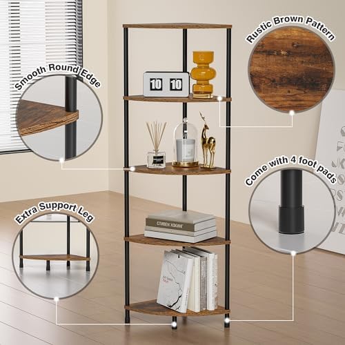 5 Tier Corner Shelf Stand, 44.1", Rustic Brown