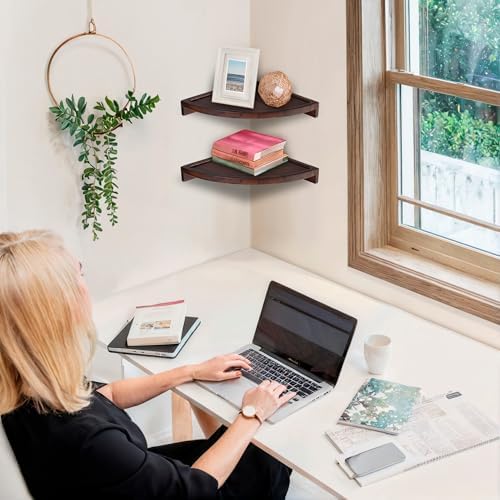 Demigo Round Floating Corner Shelves, Dark Brown Wall Shelf, Set of 2