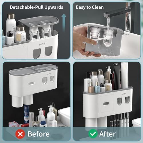 Toothbrush Holders for Bathrooms Wall Mounted, 6 Slot Toothbrush Holder with 2 Automatic Toothpaste Dispensers, 2 Magnet