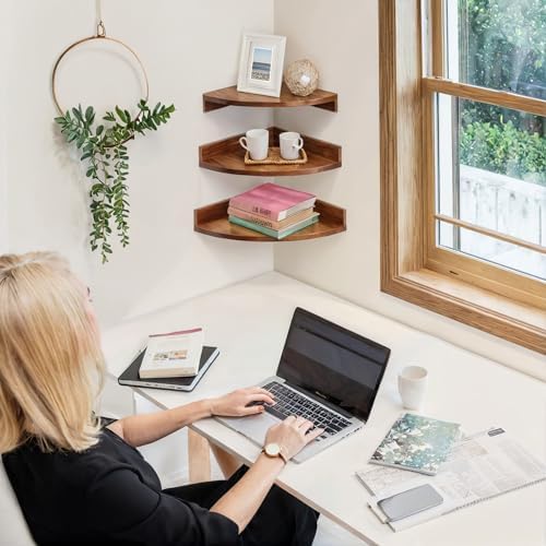 Demigo Corner Shelf Wall Mount Set of 3, Solid Acacia Wood Round Floating Corner Shelves for Storage and Display, Hangin