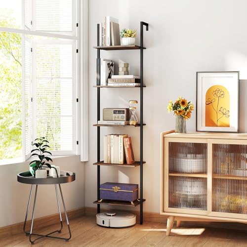 GIANTEX 5 Tier Ladder Shelf, Wall Mount Bookshelf with Anti-Tipping Kits & Metal Frame, Industrial Decorative Bookcase,