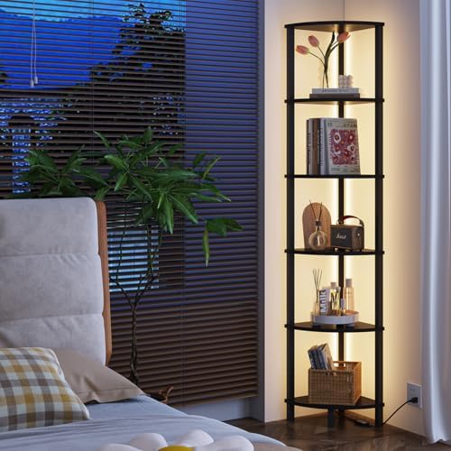 VIMBER 6-Tier Corner Shelf with LED Light, Industrial Corner Ladder Shelf, Rustic Display Shelf for Living Room, Bedroom