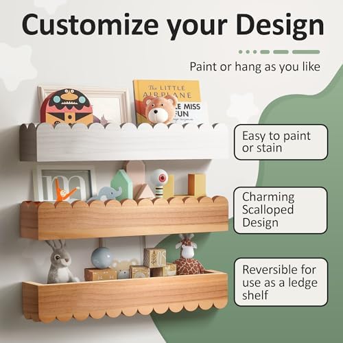 Scalloped Shelves - Set of 2 Pre-Assembled 15.6inch Floating Nursery Book Shelves, Scalloped Book Shelf - Kids Wall Bookshelf, Nursery Decor, Floating Shelves for Wall