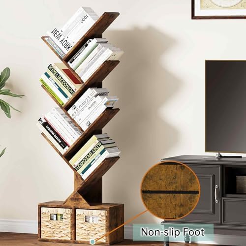 Vagusicc 6 Tier Tree Bookshelf with 2 Storage Cabinets, Tall Display Shelf Organizer for Books, Magazines, Home Decor, N