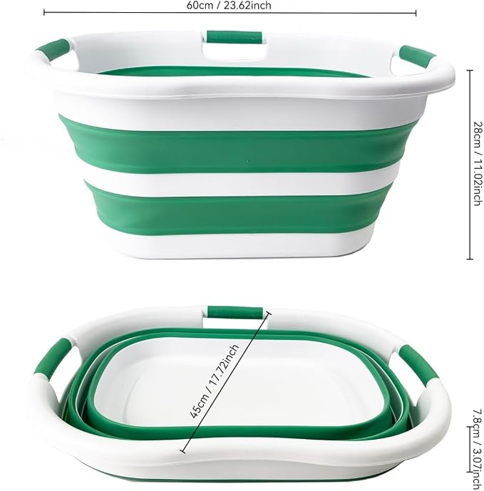 SAMMART 40L (10.5 gallon) Collapsible Plastic Laundry Hamper - Foldable Pop Up Storage Container/Organizer - Portable Washing Tub - Space Saving Basket (1, White/Winter Green)