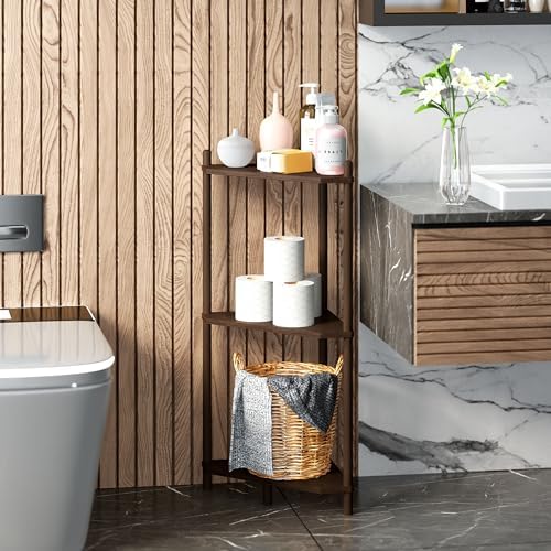 Corner Shelf Stand - 3 Tier Bamboo Small Corner Bookshelf for Office Kitchen Bedroom Plant Stand Living Room Decor Small
