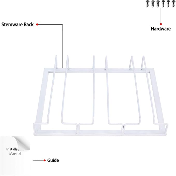 FOMANSH Wine Glass Rack - Under Cabinet Stemware Wine Glass Holder Glasses Storage Hanger Metal Organizer for Bar Kitchen White