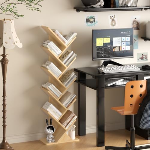 10 Tier Tree Book Shelf, Floor Standing Wood Bookshelf for Narrow Space