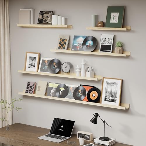 SAUMONIERES Picture Ledge Shelf Floating Book Shelves Set of 2 Wall Mounted Solid Wood for Bedroom Bathroom Living Room