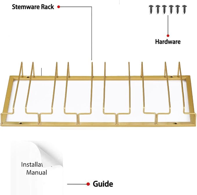 FOMANSH Wine Glass Rack - Under Cabinet Stemware Wine Glass Holder Glasses Storage Hanger 1 Pack Metal Organizer for Bar Kitchen 5 Rows Gold