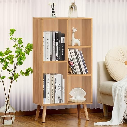 LEYAOYAO 5 Cube Bookshelf, Mid-Century Modern Book Shelf with Legs, Natural