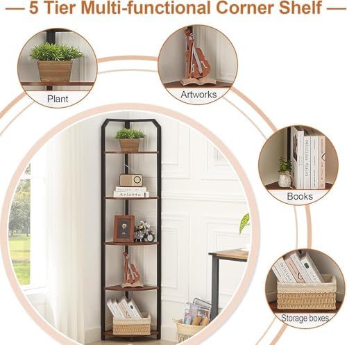 5 Tier Corner Shelf, Narrow Corner Bookshelf for Living Room,Bedroom, Brown