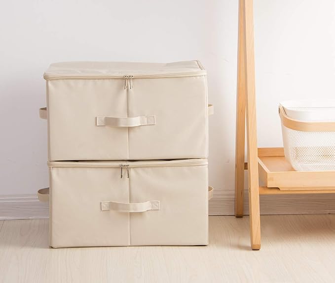 iwill CREATE PRO Collapsible Rigid Storage Bins with Lid, Shelves Clothes Storage Cubes, Tide Up Your Wardrobe, Beige, Set of 2