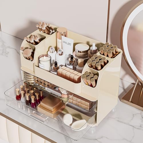 Delamu Large Makeup Organizer Countertop with 6 Brush Holders, Cream White