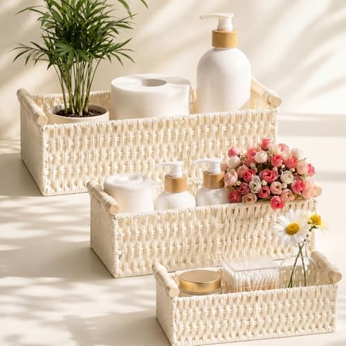 Boao 3 Pcs Boho Storage Wicker Baskets Handmade Woven Decorative Paper Rope Baskets for Organizing with Handle Counterto