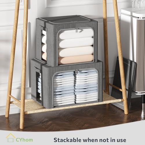 CYhom 3Pack Foldable Storage Bins - Frame Storage Box Linen Fabric Stackable Clothes Container Organizer with Clear Wind