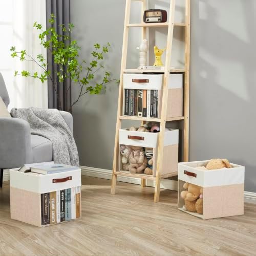 Bagnizer Storage Cubes, 4 Pack Linen Foldable Storage Bins (13 x 13 inch) with Clear Window and Handles, Fabric Organizer for Shelf Closet, Clothes, Books - (Beige and White)