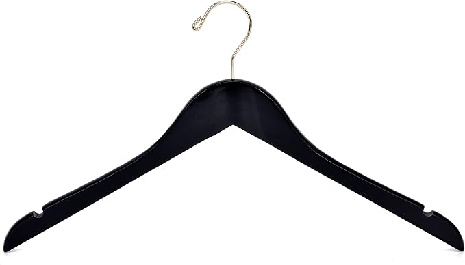 Quality Black Semi Curved Wooden Suit Hangers, 20-Pack Smooth Finish Solid Wood Coat Hanger with Swivel Hook, Jacket, Pant, Dress Clothes Hangers (Black - Gold Hook, 20)