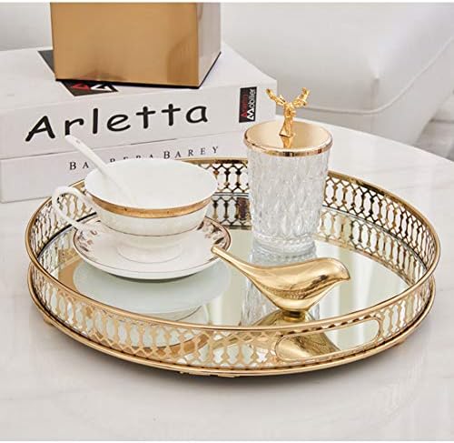 Vintage Gold Mirror Tray,Round Shape(12.6in) Ornate Geometric Brass Plated and Glass Display Storage Organizer,Jewelry P