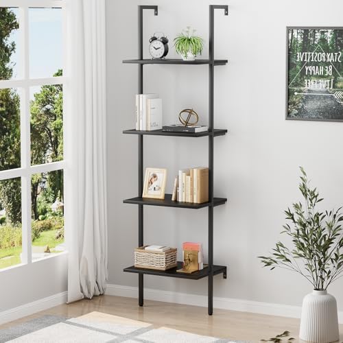 Ladder Shelf 4 Tiers Metal Industrial Bookshelf,Black Wooden Tall Open Storage Rack and Display Shelves,Wall Mount Wide