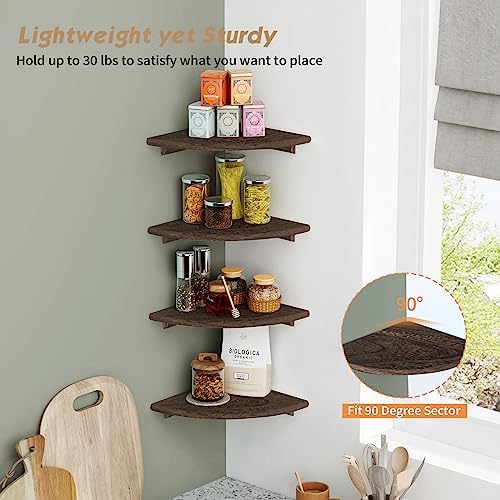Forbena Floating Corner Shelves for Wall Set of 4, Small Corner Bookshelf for Bedroom Books, Round Wooden Corner Shelf W
