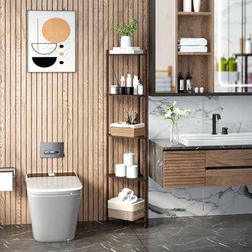 Corner Shelf Stand - 5 Tier Bamboo Small Corner Bookshelf for Office Kitchen Bedroom Plant Stand Living Room Decor Small