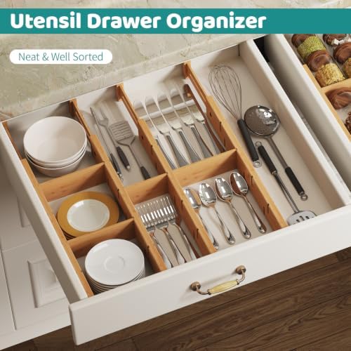 8 Pack Kitchen Drawer Dividers with Inserts, Bamboo Adjustable Drawer Organizers, Expandable Organization for Home, Dressers, 8 Dividers with 16 Inserts