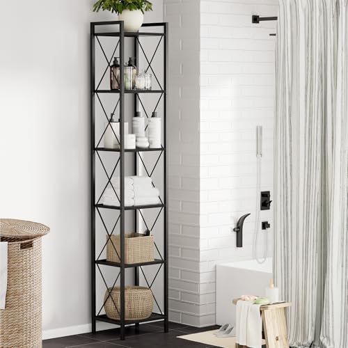 Homhedy 6 Tier Small Bookshelf, Tall Narrow Bookcase, Metal Book Shelf
