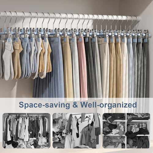 POZEAN Pants Hangers with Clips for Women 50 Pack, 12Inch Adjustable Heavy Duty Skirt Hangers, Space Saving Non-Slip Shorts Jeans Trousers Clothes Hangers, Blue