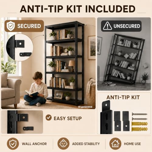 Metal Bookshelf, 5 Tier Adjustable Bookcase with MDF Shelf and Guard Rails