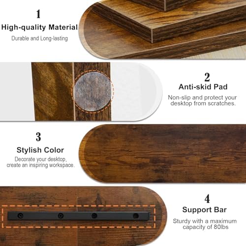 TEAMIX 20 inch Monitor Riser Stand - 2 Tiers, Wood Rustic Desktop Bookshelf