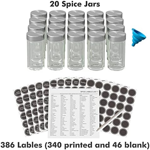 New England Stories Revolving Spice Rack Set with 20 Spice Jars, Kitchen Spice Tower Organizer for Countertop or Cabinet
