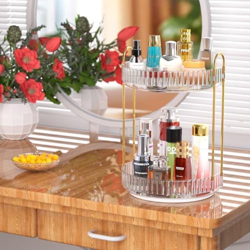 GTI 360°Rotating Makeup Organizer, 2 Tier Bathroom Counter Organizer,Large Capacity Perfume Cosmetics Skincare Vanity Or
