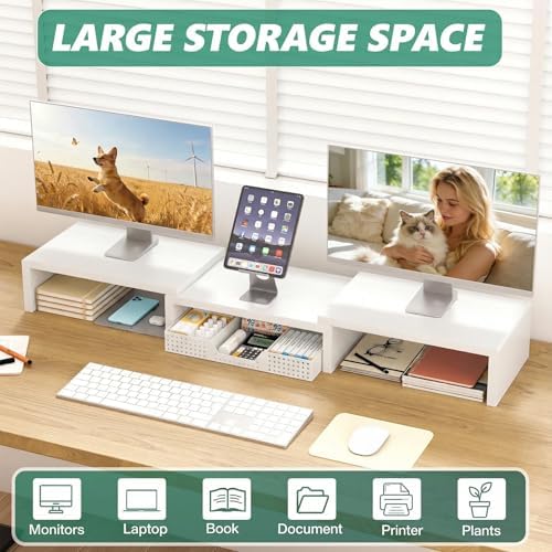 OPNICE Dual Computer Monitor Stand Riser, Desk Organizer with Drawer, Office Desk Accessories & Workspace Organizers for