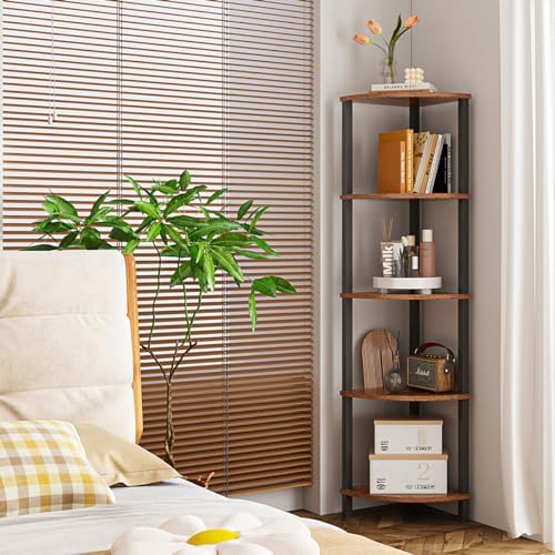 VIMBER Corner Shelf, 5-Tier Corner Bookshelf, Industrial Corner Ladder Shelf, Rustic Display Shelf for Living Room, Bedr