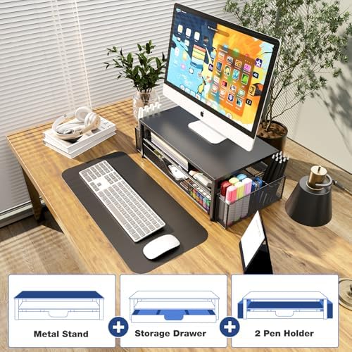 OPNICE Desk Organizer and Accessories, 2-Tier Computer Monitor Stand Riser with Drawer and 2 Pen Holders, Laptop Stand,