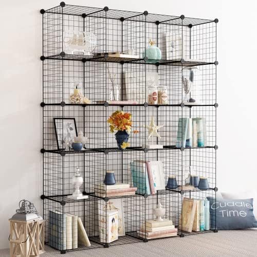 Wire Cube Storage Organizer, 25-Cube Modular Mental Grids Bookshelf, DIY Stackable Closet Cabinet for Bedroom Living Roo