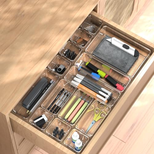 Cetomo 14 Pcs Drawer Organiser Set, Plastic Storage Organizer, Drawer Dividers, Adjustable and Expandable, Container Tray for Kitchen Utensils, Cosmetic, Makeup, Gadgets, Clear, 4 Size-14 Pack