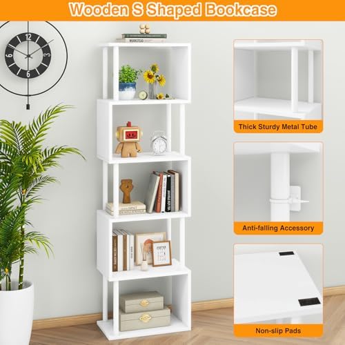 IBUYKE 6-Tier Tall Bookshelf,S-Shaped Geometric Bookcase,White WBC016W
