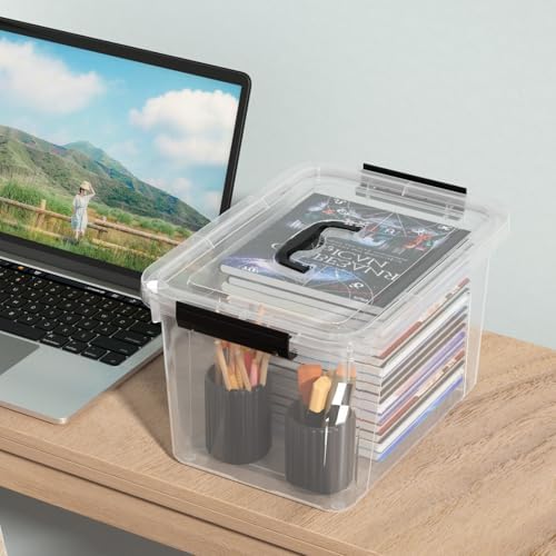 Quickquick 12 Quart Clear Plastic Latching Storage Bin with Handle, 4 Packs
